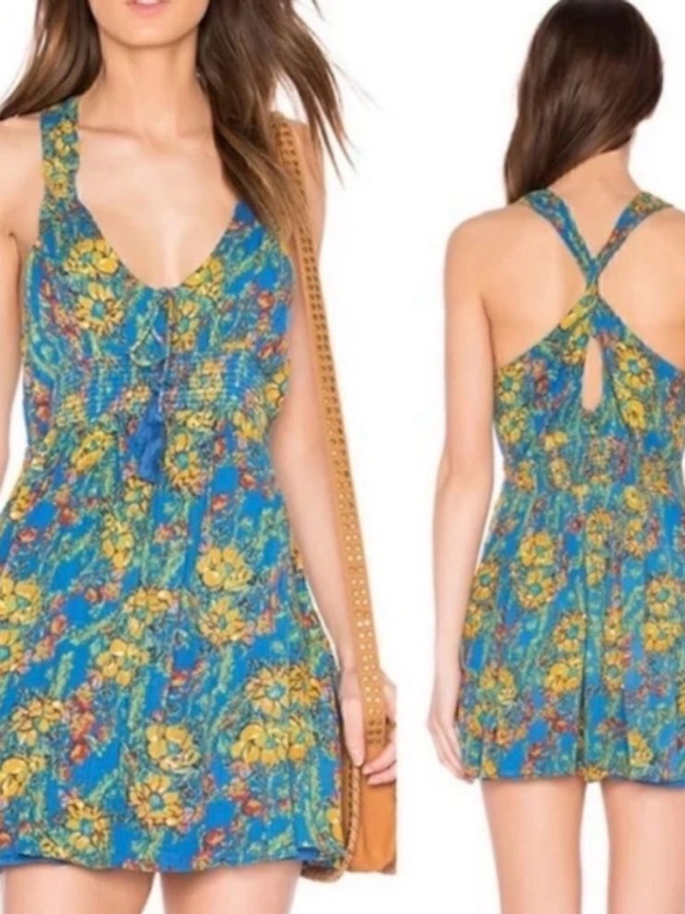Free People‎ Blue Floral Smocked Dress, Size S, NWT
